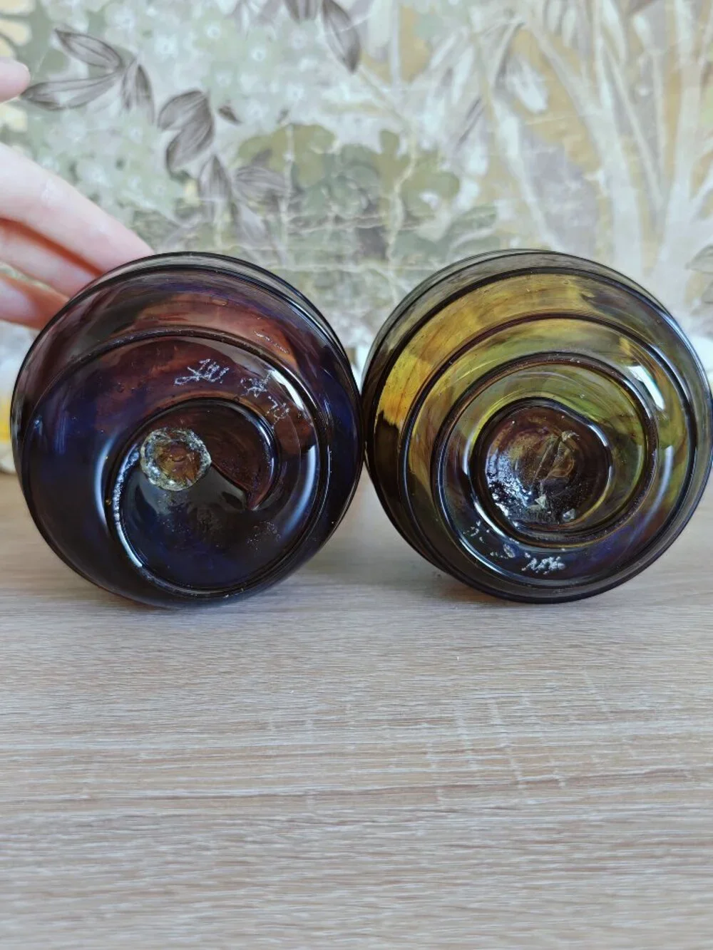 Vintage Signed Hand Blown Amethyst Amber Ribbed Art Glass Tumblers Set of 2